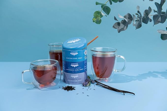 JusTea EARL GREY TEA TRIO | Stacking Tins Variety Pack with Hand Carved Tea Spoon | Loose Leaf Tea | High Caffeine | Fair Trade | Non-GMO