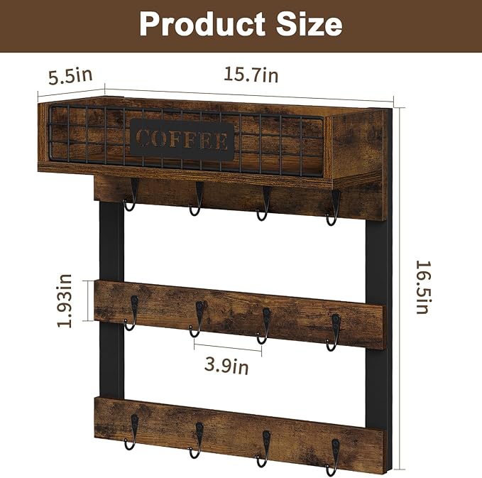 YINMIT Coffee Mug Holder Wall Mounted, Wood Mug Racks with 12 Hooks, Coffee Cup Holder for Wall with Storage Shelf, Cups Rack for Home, Kitchen