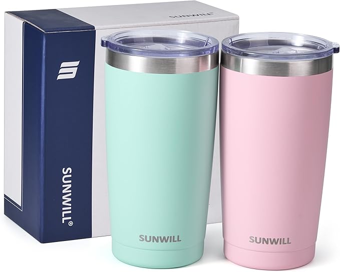 SUNWILL Travel Coffee Mug with Lid, 20 oz Tumbler Set of 2, Insulated Stainless Steel Cup for Water, Tea, Powder Coated Sakura & Mint