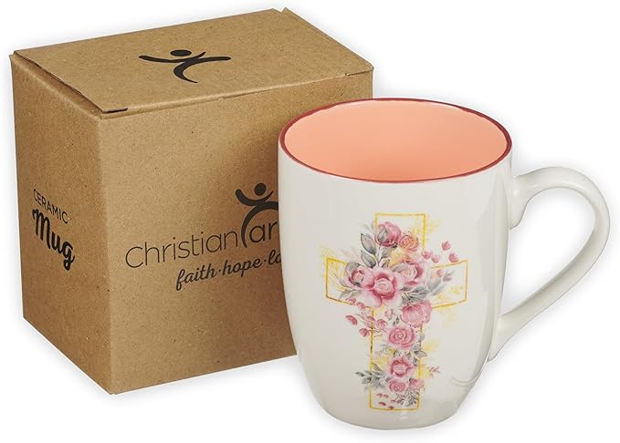 Christian Art Gifts Encouraging Ceramic Coffee & Tea Mug for Women: Rosy Pink Floral Cross, Microwave & Dishwasher Safe Cup, Cute Lead-free Inspirational Encouraging Novelty Drinkware, White, 12 oz.