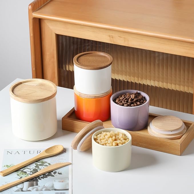 Sweejar Kitchen Canisters Ceramic Food Storage Jar, Stackable Containers with Airtight Seal Wooden Lid for Serving Ground Coffee, Tea, Sugar, Spice and More - 5 Fl Oz(Beige)