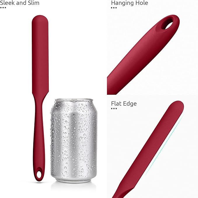 U-Taste Skinny Silicone Jar Spatula: 600ºF Heat-Resistant Food-Grade 10in Long Narrow Sourdough Stirring Stick, Seamless Flexible Peanut Butter Spreader for Scraping Icing Bread Cream, Jam (Red)