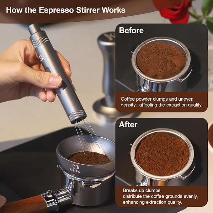 MEION Retractable WDT Espresso Distribution Tool Espresso Stirrer Tools, 0.35mm 6 Needles Coffee Distributor with Extra 6 Replaceable Needles, Espresso Machine Accessories for Barista (Silver, V2)