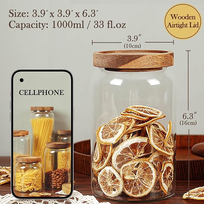 Labina Glass Storage Container Airtight Food Jars Kitchen Canister with Wood Lids, 33 Oz Wide Mouth Pantry Organization Glass Jar for Flour, Sugar, Cookie, Spagetti, Nuts and Candy