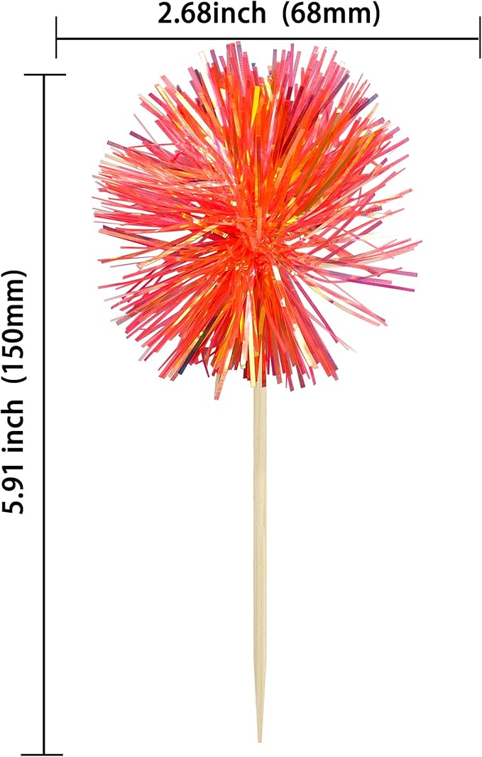 Gyufise 30Pcs Foil Firework Cupcake Toppers Sparkle Tinsel Cake Toppers Tinsel Drink Cake Decoration Cocktail Picks for Birthday Wedding Graduation Party Supplies Dark Orange