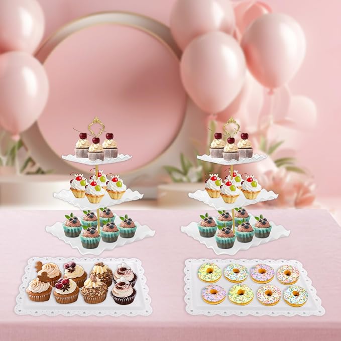 5 Pcs Dessert Table Display Set, White Plastic 2 Pcs Square 3 Tier Cupcake Stand Cup Cake Tower Stand with Metal Rod & 3 Pcs Serving Tray for Baby Shower, Tea Party, Wedding, Birthday Party