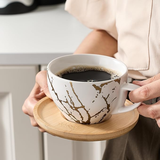 LUKA Ceramic Demitasse Espresso Cups Set with Saucers and Metal Stand, 8 oz Porcelain Stackable Cappuccino Cups Teacup For Tea, Espresso, Latte, Coffee, Cafe Mocha, Set of 4, White