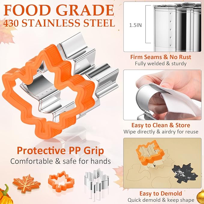 Fall Thanksgiving Cookie cutters Set 8 Pieces, Holiday Christmas Cookie Cutters Pumpkin Leaf Baking Cutters Shapes for Kids with Comfort Grip, Gingerbread Man, Turkey, Squirrel, Xmas Tree, Santa, etc
