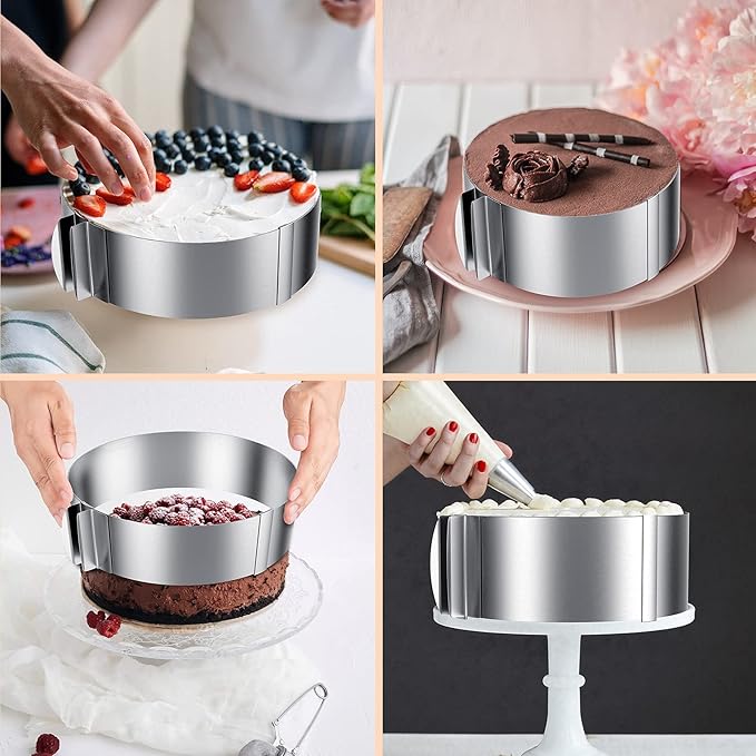 iNeibo Cake Ring and Cake Collar Set, 6 to 12 Inch Adjustable Cake Mousse Mould Set with 6inch Clear Cake Roll, Stainless Steel Pastry Ring, Mousse Ring, Ring Mold for Baking