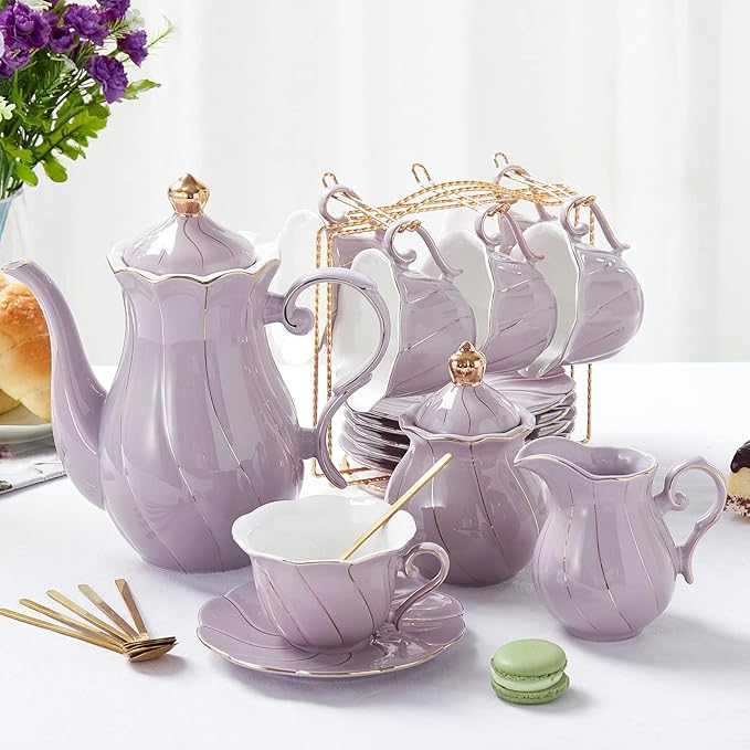 DUJUST 22 pcs Porcelain Tea Set for 6, Luxury British Style Tea/Coffee Cup Set with Golden Trim, Beautiful Tea Set for Women, Tea Party Set, Gift Package (With a Stand) - Purple