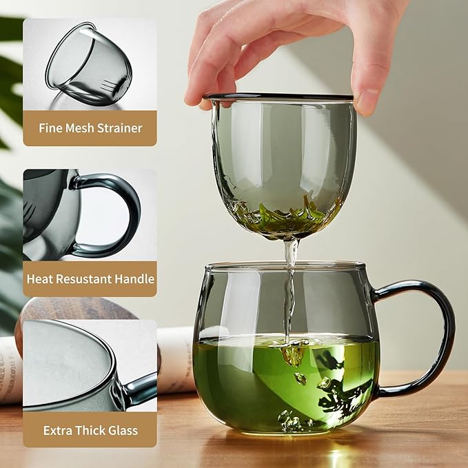 17 OZ Glass Tea Cup with Infuser and Lid, 500 ML Large Borosilicate Teacup, Clear Mug for Loose Leaf Tea, Blooming Tea, Tea Bags - Perfect Christmas or Birthday Gift for Women