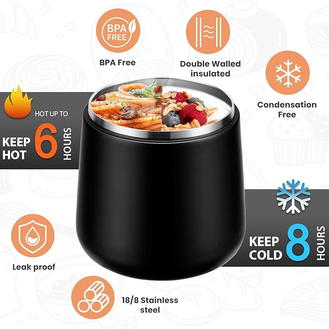 Soup Thermo for Hot Food 20oz Lunch Containers with Buckle Lid Wide Mouth Hot Food Jar Vacuum Insulated Stainless Steel Bento Box Leakproof with Spoon(Black)