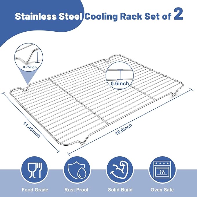 TeamFar Cooling Rack, 16.6” x 11.45” Stainless Steel Wire Baking Rack for Cooking Roasting Grilling, Fit for Oven Pan, Oven & Dishwasher Safe, Non-toxic & Heavy-Duty, 2PCS