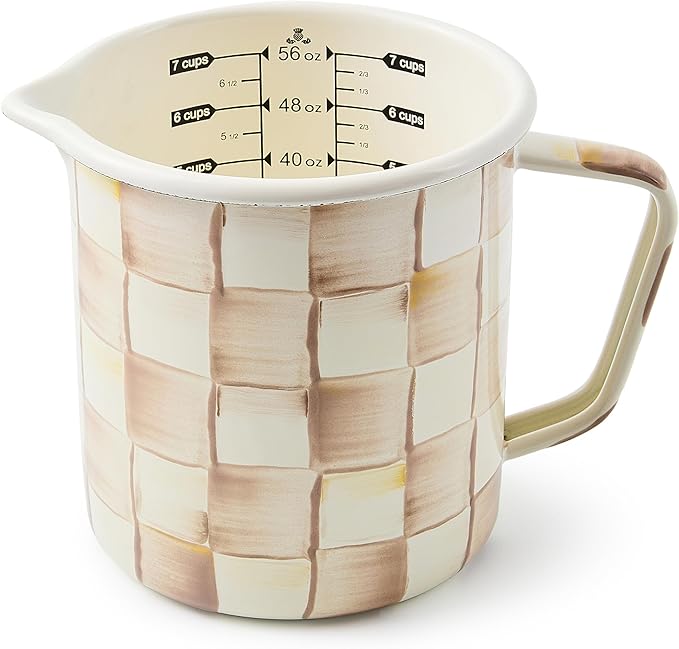 MACKENZIE-CHILDS Enamel Measuring Cup, Cute Measuring Cup with Pour Spout, 7-Cup Capacity, Brown-and-White Mocha Check