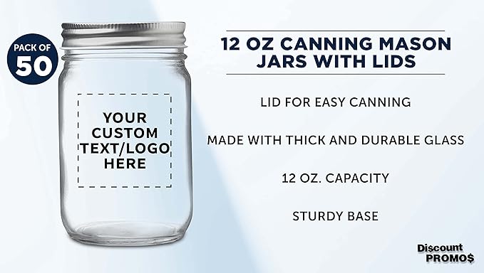 DISCOUNT PROMOS 50 Decorating Mason Jars Set, 12 oz. - Customizable Text, Logo - Canning, Aluminum Lid - Clear