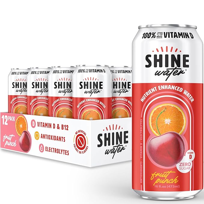 ShineWater Fruit Punch Vitamin D Electrolyte Drink | Zero Sugar Hydration Beverage with Magnesium, Zinc & Antioxidants | Low Calorie Plant-Based Vitamin Water | 12 Pack