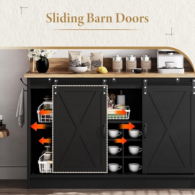 4ever2buy Farmhouse Coffee Bar Cabinet with Storage, 47'' Buffet Cabinet with Hutch and Sliding Barn Door, Coffee Bar with 9 Wine Racks and 6 Hooks for Dining Room, Living Room, Black