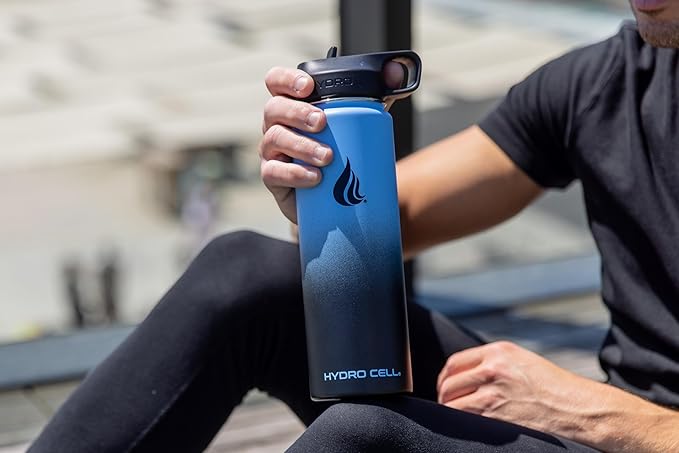 HYDRO CELL Stainless Steel Insulated Water Bottle with Straw - For Cold & Hot Drinks - Metal Vacuum Flask with Screw Cap and Modern Leakproof Sport Thermos for Adults (Blue/Black 24oz)