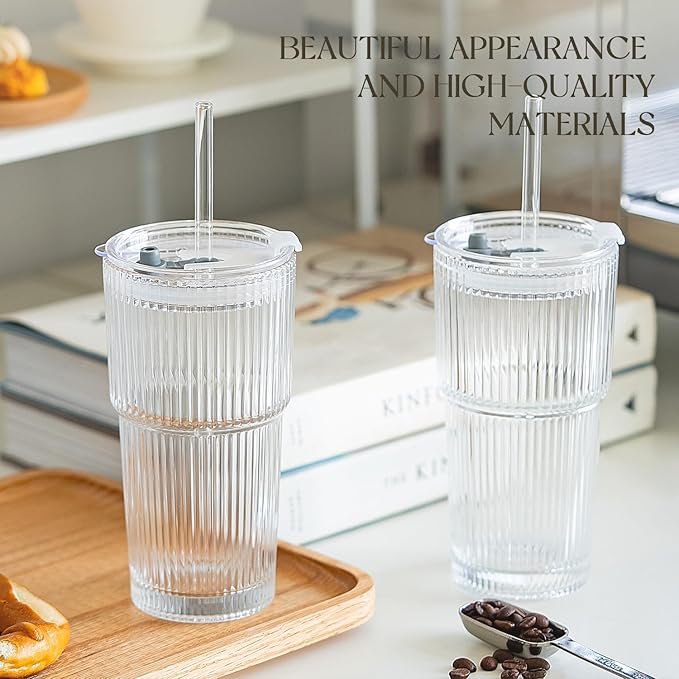 KEMORELA 6-Pack Ribbed Glass Tumblers with Lids & Straws – Vintage Style Iced Coffee Cups, Durable Smoothie & Cocktail Drinking Glasses, Reusable Clear Glassware for Home, Cafe, Office (6)