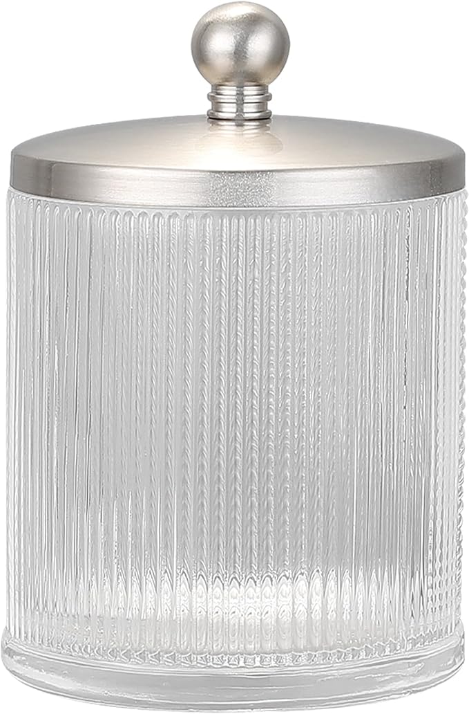 Glass Jar with Metal Lid for Bathroom Organization, Clear Apothecary Jar for Cotton Balls, Q Tips, and Small Accessories, Stylish Bathroom Storage Container Nickel, Clear