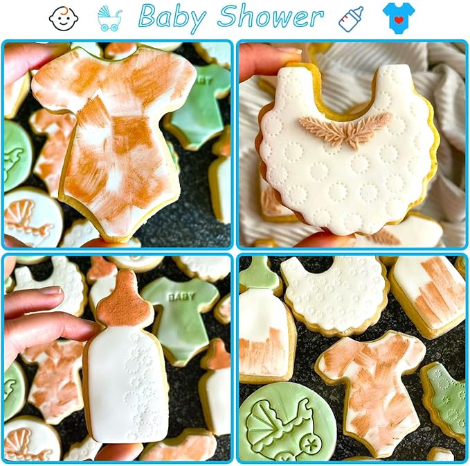 Baby Shower Cookie Cutters 8Pcs, Cute Shapes Baby Carriage Onesies Bottle Bib Clothes Elephant Bear Fondant Cutter, Sturdy Metal Biscuit Cutter Cookie Mold for Baby Shower Baking & Gift