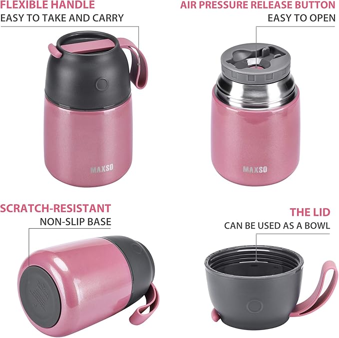 Insulated Thermo Food Jar for Hot & Cold Food for Kids Adult, 17&24 oz Soup Thermal Hot Food Containers for Lunch, Triple Layer Insulation Stainless Steel Food Jar with Spoon (2 Pack Pink)