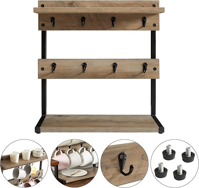 IBUYKE Rustic Coffee Mug Holder Stand, 2 Tier Countertop Mug Tree Holder Rack with Storage Base, Vintage Mug Holders for Kitchen, Holds 8 Mugs, Beige UTBJ002Y