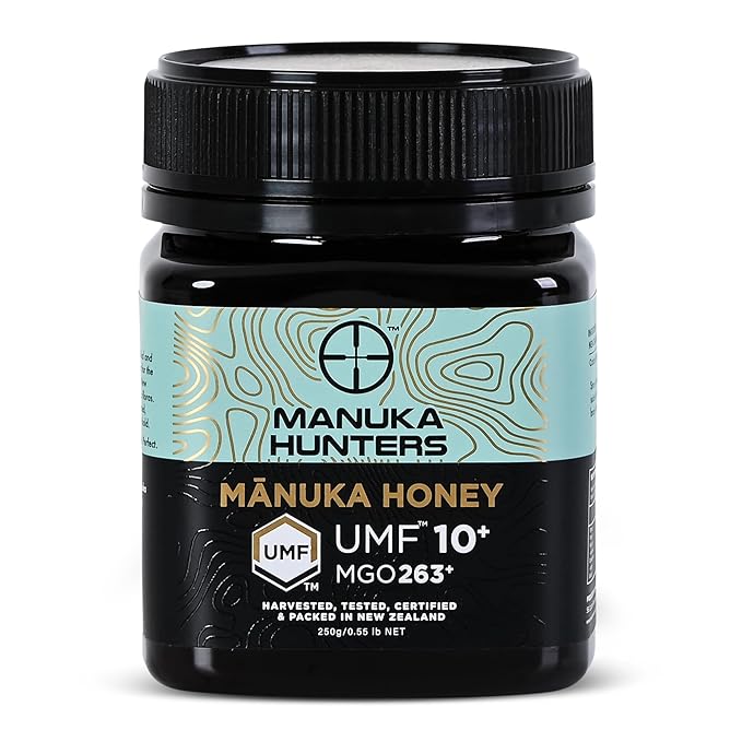 Manuka Hunters UMF 10+/MGO 263+ Certified New Zealand Manuka Honey - 100% Pure Natural Sweetener - Gluten, Dairy Free - Ideal for Tea, Coffee, Smoothies, and Baking - Sustainable - 8.8oz/250g Jar