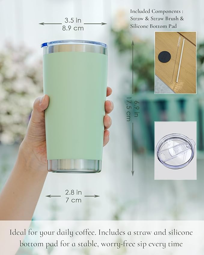 Travel Coffee Tumbler 20oz, 1 Pack Leakproof Travel Coffee Mug with Lid and Straw, Stainless Steel Double Wall Vacuum Insulated Tumbler for Hot/Iced Drinks (Textured Matte, Mint Green)