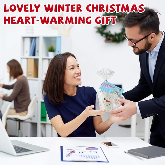 50 Sets Christmas Snowman Soup Kits for Classroom Coworker Gift 12 Oz Winter Snowman Paper Cups for Hot Cocoa Chocolate Marshmallow Soup Tags Clear Xmas Bags (Classic)
