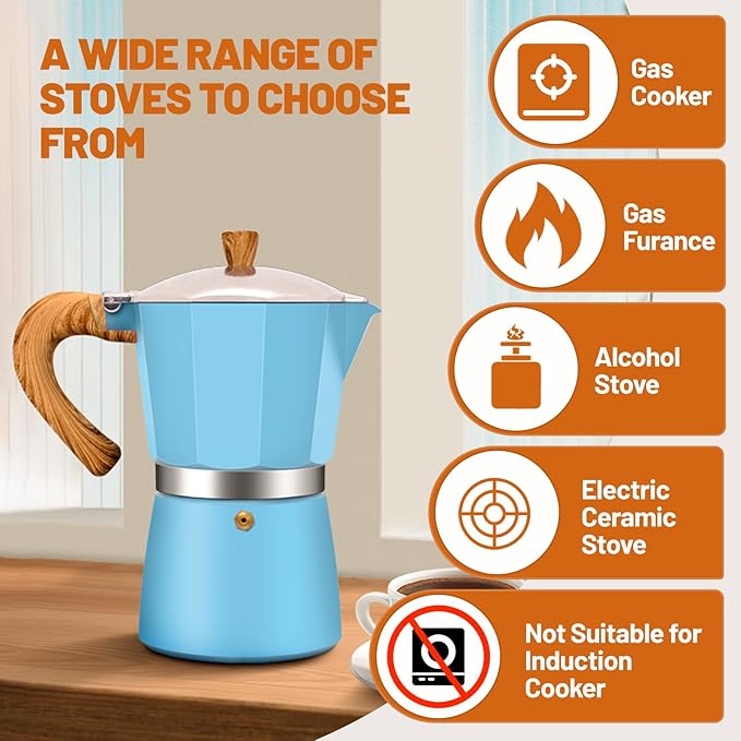 6 Cup Aluminum Espresso Stovetop Moka Pot Express Coffee Maker Percolator Italian Classic Mocha Coffee Machine for Italian and Cuban Cafe Brewing for Home & Camping 300ml 10oz