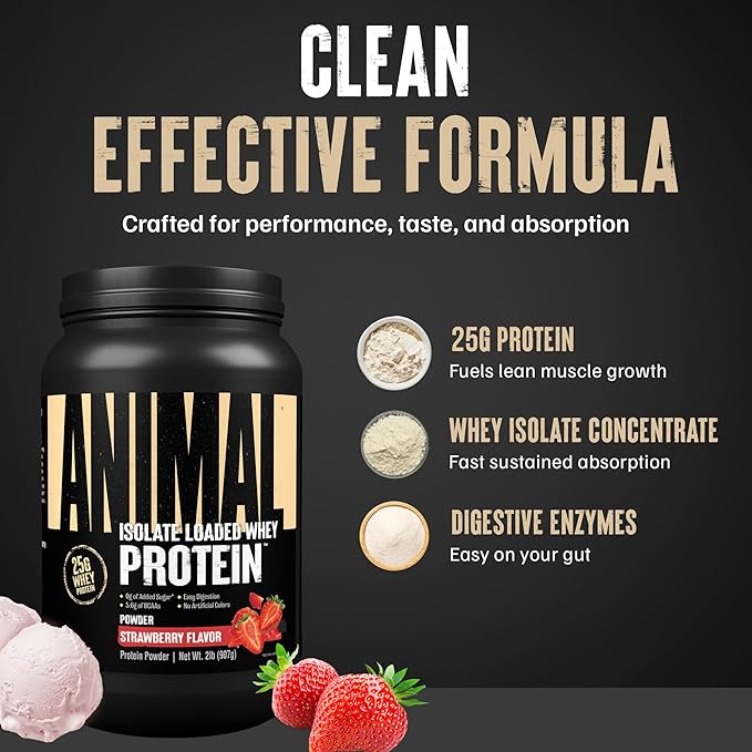 Animal Whey Isolate Protein Powder - Loaded for Pre & Post Workout Muscle Builder and Recovery with Digestive Enzymes for Men & Women - 25g Protein, Great Taste, Low Sugar - Strawberry 2 lbs