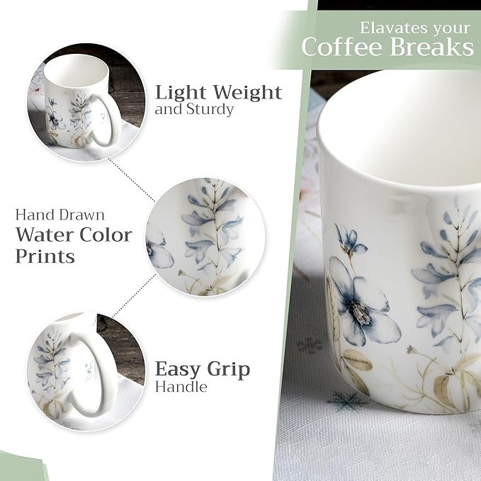 Maison d' Hermine Coffee Mug with Handles Fine Bone China Mugs Pack of One Tea Cups for Hot Beverages Cappuccino Latte Home Restaurant Office Perfect for Gift (Ice Florals - Forsty Morning, 12 Ounce)