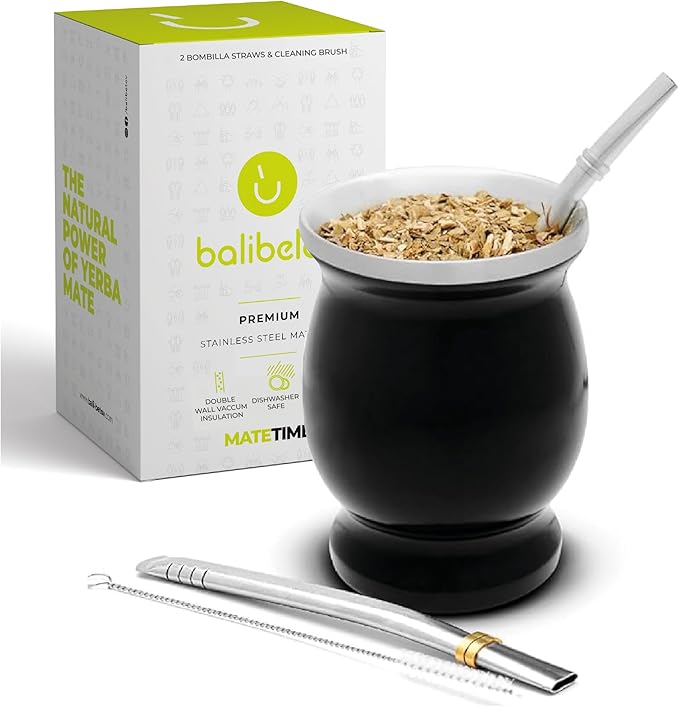 BALIBETOV Stainless Steel Double-Wall Mate Cup And Bombilla Set - Yerba Mate set Includes One Yerba Mate Cup, 2 Bombillas Mate (Straw) & Brush - Easy to Clean (Black)