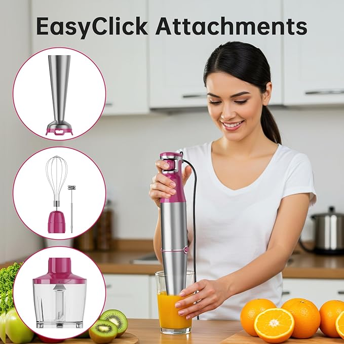 Immersion Blender Handheld Corded Hand Blenders Set 1100W, Trigger Variable Speed 5 in 1 Stick Emulsifier with Chopper, Whisk and Frother for Soup, Baby Food and Smoothies, Rose Red