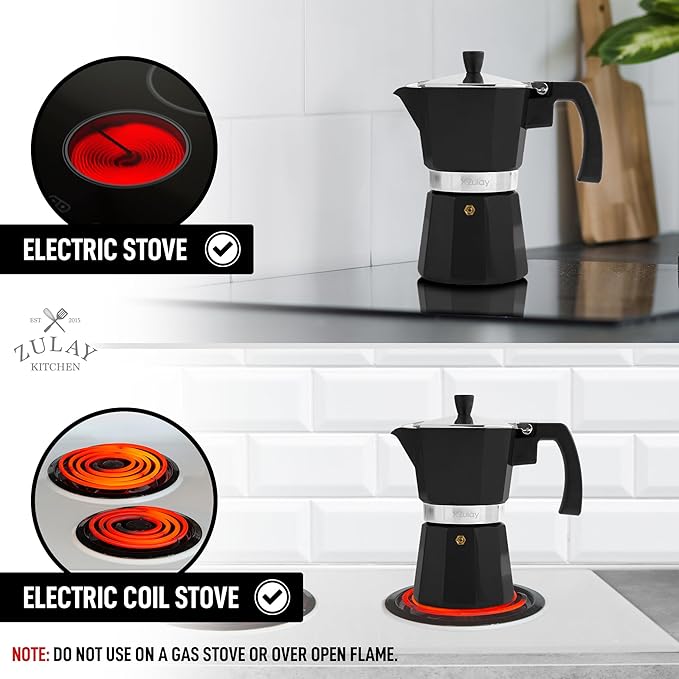 Zulay Classic Stovetop Espresso Maker for Great Flavored Strong Espresso, Classic Italian Style 3 Espresso Cup Moka Pot, Makes Delicious Coffee, Easy to Operate & Quick Cleanup Pot (Black)