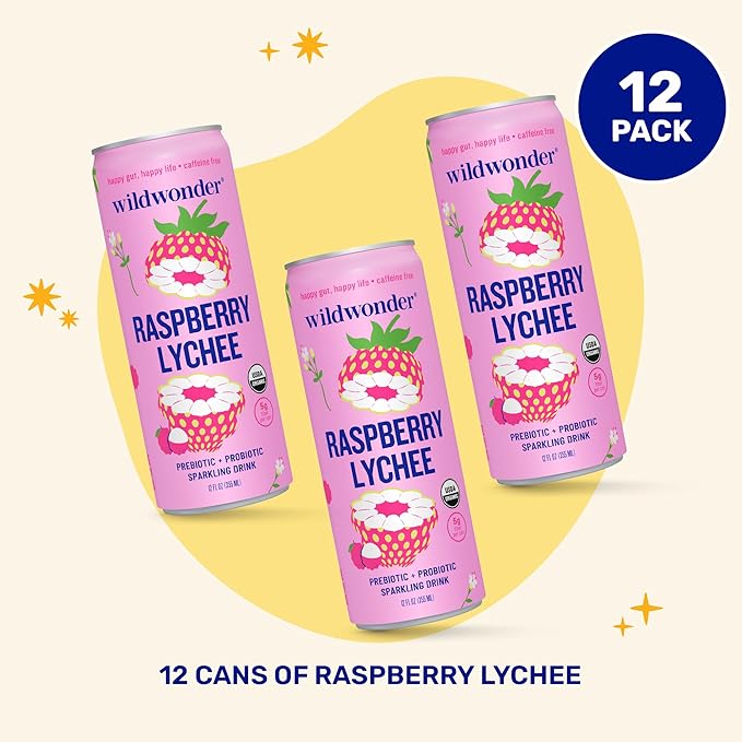 NEW! wildwonder Sparkling Probiotic Drink 12pk, For Gut Health & Immune Support, Raspberry Lychee, 5g Prebiotic Fiber, Live Probiotics, Organic, Vegan, Low Sugar, 12 Pack, 12oz Can, Seen on Shark Tank