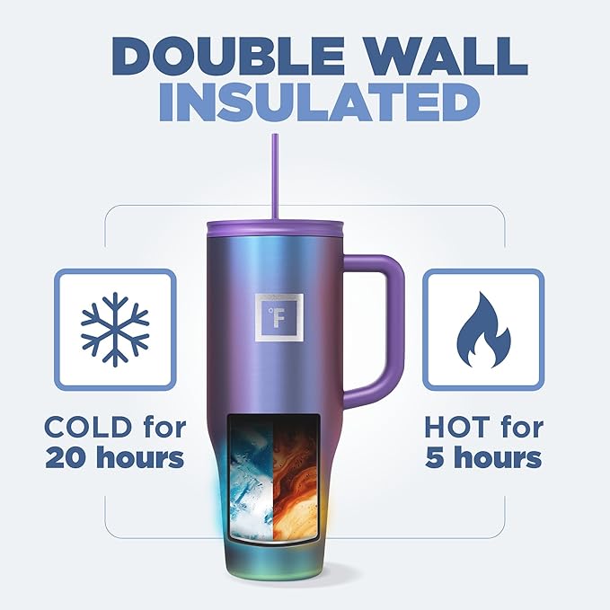 IRON °FLASK Co-Pilot Insulated Mug w/Straw & Flip Cap Lids - Cup Holder Bottle for Hot, Cold Drink - Leak-Proof- Water, Coffee Portable Travel Tumbler - Clementine, 40 Oz