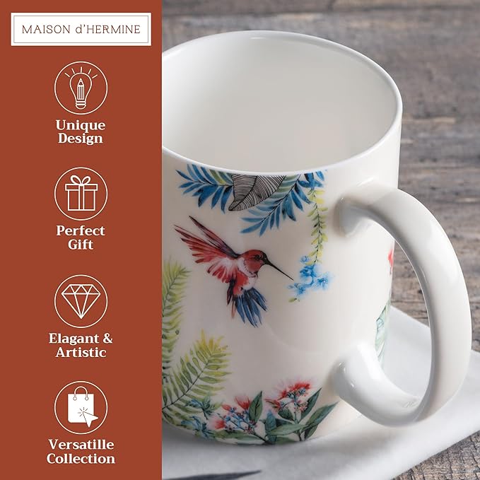 Maison d' Hermine Coffee Mug with Handles Fine Bone China Mugs Pack of One Tea Cups for Hot Beverages Cappuccino Latte Home Restaurant Office Perfect for Gift (Tropiques - Colibris, 15 Ounce)