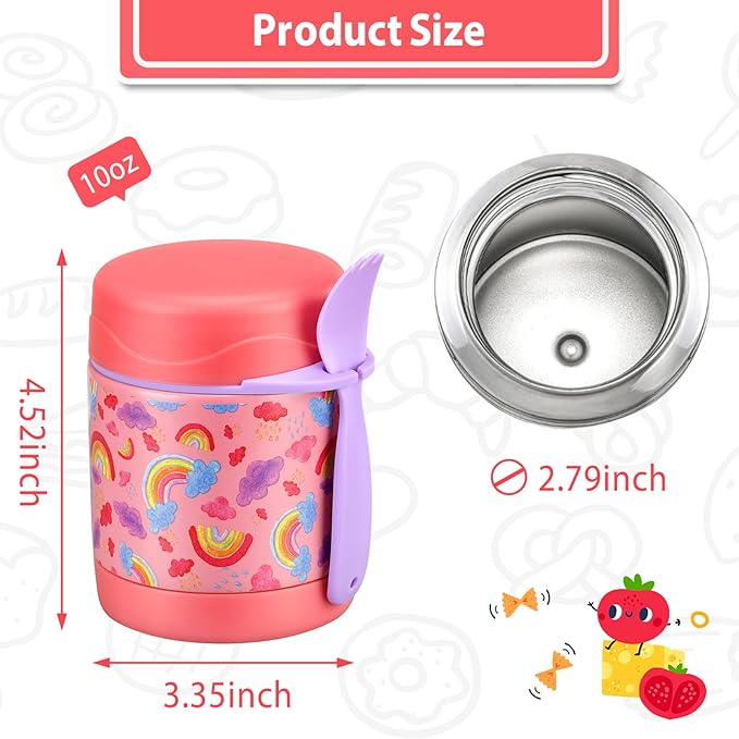10oz Soup Thermo for Hot Food Kids,Lunch Thermo Kids Food Jar with Spoon Hot Insulated Food Containers,Leak Proof Stainless Steel Wide Mouth Lunch Food Thermo Jar for School(Pink-Rainbow)