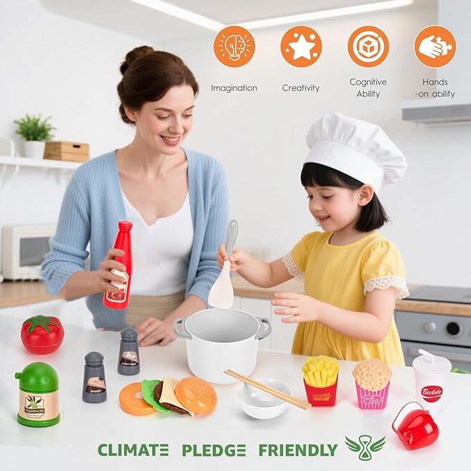 130Pcs Kitchen Playset, Toddler Pretend Cooking Play Pots, Pans, Utensils Cookware, Daily Food Fruit Veges, Shopping Storage Basket, Dessert, Prop Money, Learning Gift for Child (White)
