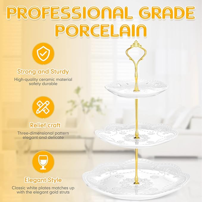 Tatuo 2 Pcs 3 Tier Porcelain Cupcake Stand, Cup Cake Holder Tower, Pastry Serving Elegant Dessert White Ceramic Tiered Stand for Wedding, Birthday, Tea Party(Lace Round Shape)