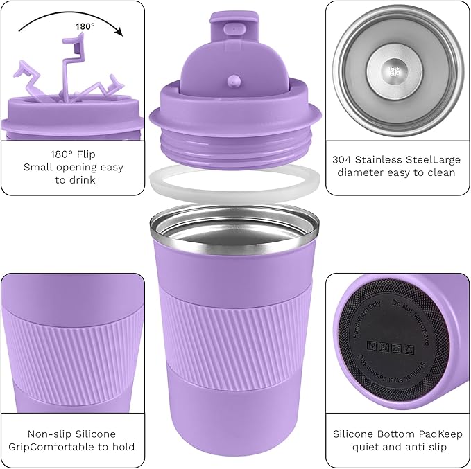 YINBAOGE Insulated Travel Coffee Mug Spill Proof Leak Proof Pobtable To Go Camping Stainless Steel Coffee Tumbler Reusable Coffee Cups with Lids Thermos for Hot and Cold Drink (Purple, 12 OZ)