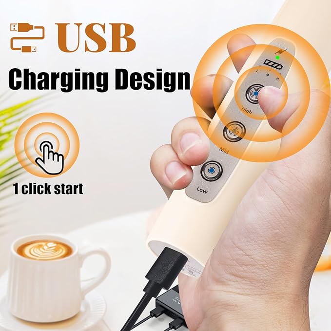 Nahida Beige Milk Frother Wand for Coffee, Frother Handheld Rechargeable Electric Whisk with 3 Heads 3 Speeds Drink Mixer Coffee Frother Foam Maker For Latte, Cappuccino, Hot Chocolate, Egg