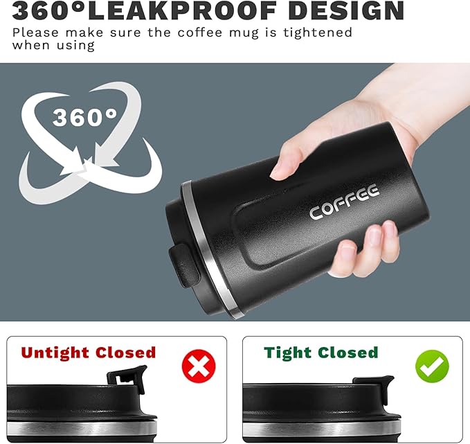 YINBAOGE Insulated Travel Coffee Mug Spill Proof Leak Proof Pobtable To Go Camping Stainless Steel Coffee Tumbler Reusable Coffee Cups with Lids Thermos for Hot and Cold Drink (2nd-Black, 12 OZ)