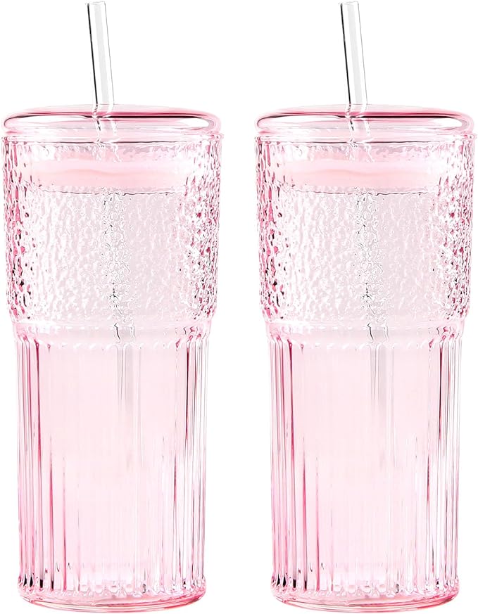 GOSCHE Glass Coffee Cups with Lids and Straws, 20oz Drinking Jar Glass Tumbler for Iced Coffee, Vintage Ripple Glassware Smoothie Cups, Pink, 2Pcs