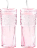GOSCHE Glass Coffee Cups with Lids and Straws, 20oz Drinking Jar Glass Tumbler for Iced Coffee, Vintage Ripple Glassware Smoothie Cups, Pink, 2Pcs