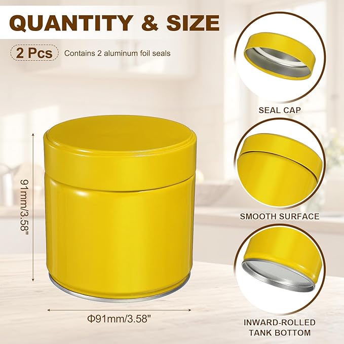 uxcell 2Pcs Round Tea Canisters, 4" x 4" Airtight Metal Tea Containers for Loose Tea, Coffee Beans, Spices - Durable, Compact, and Stylish Storage Tea Tin (Yellow)