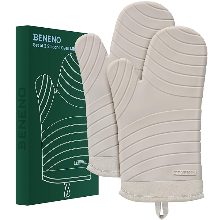 Beneno Oven Mitts, Heat Resistant BPA-Free Soft Silicone Oven Mitts 2-Pack, Waterproof Non-Slip Flexible Oven Gloves with Comfort Cotton Lining, Durable Kitchen Mitt Set for Baking Grill, 7"x13" Beige