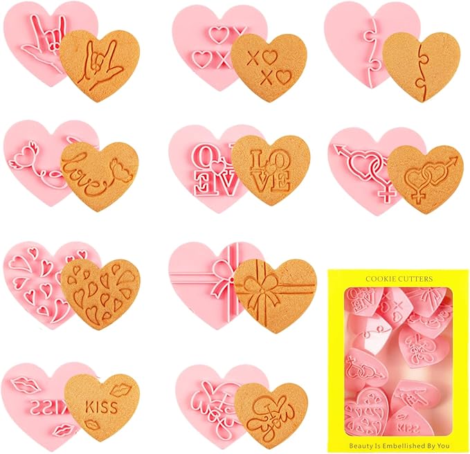 10 Pcs Heart Cookie Cutter Set, 3D Pressable Biscuit Cutter and Stamps, Valentine's Day Cookie Molds Wedding Party DIY Cake Decorating Kit (D)